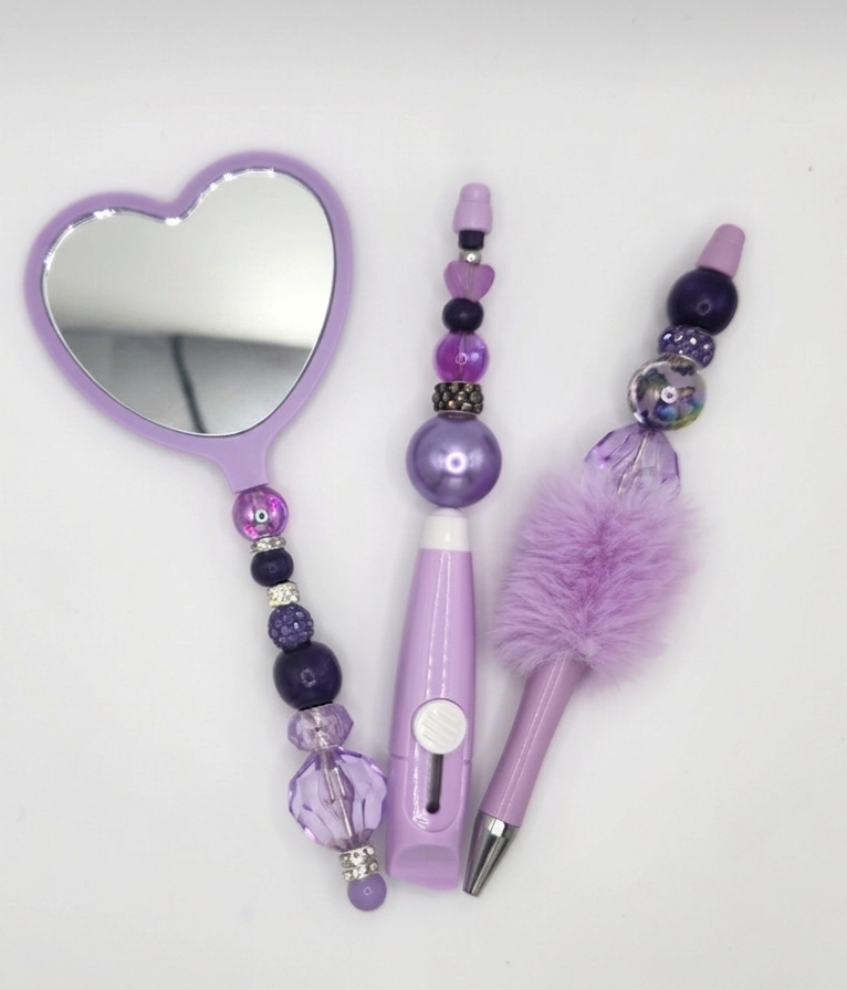 Olivia Sparkles "Lavender Luxe" 3-Piece Matching Set- Pen, Hand Mirror  and Box Cutter