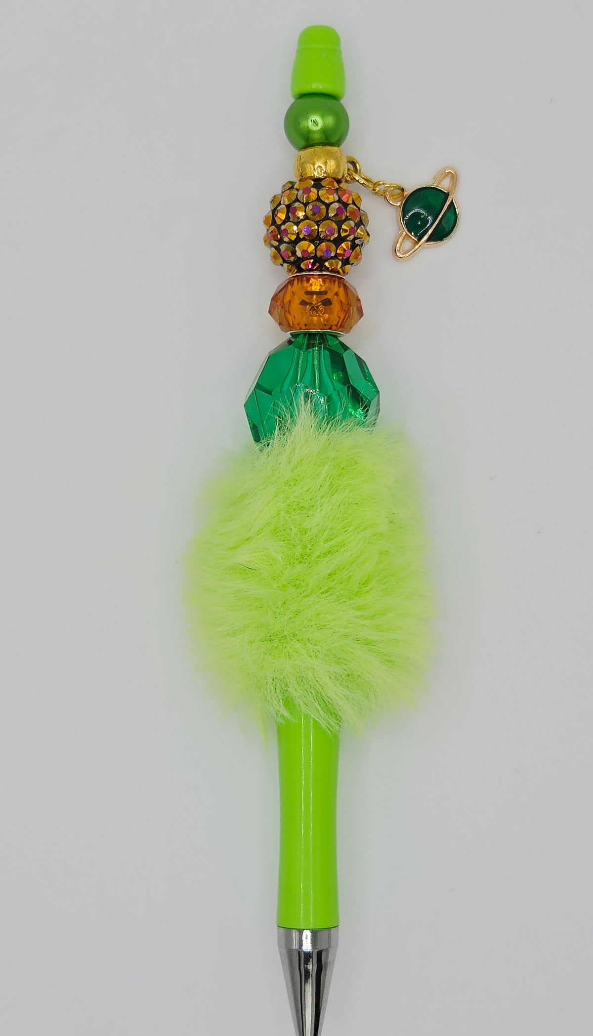 One-of-a-Kind Lime Green Fuzzy Beaded Pen with Planet Charm – Olivia Sparkles Fall 2026 Collection
