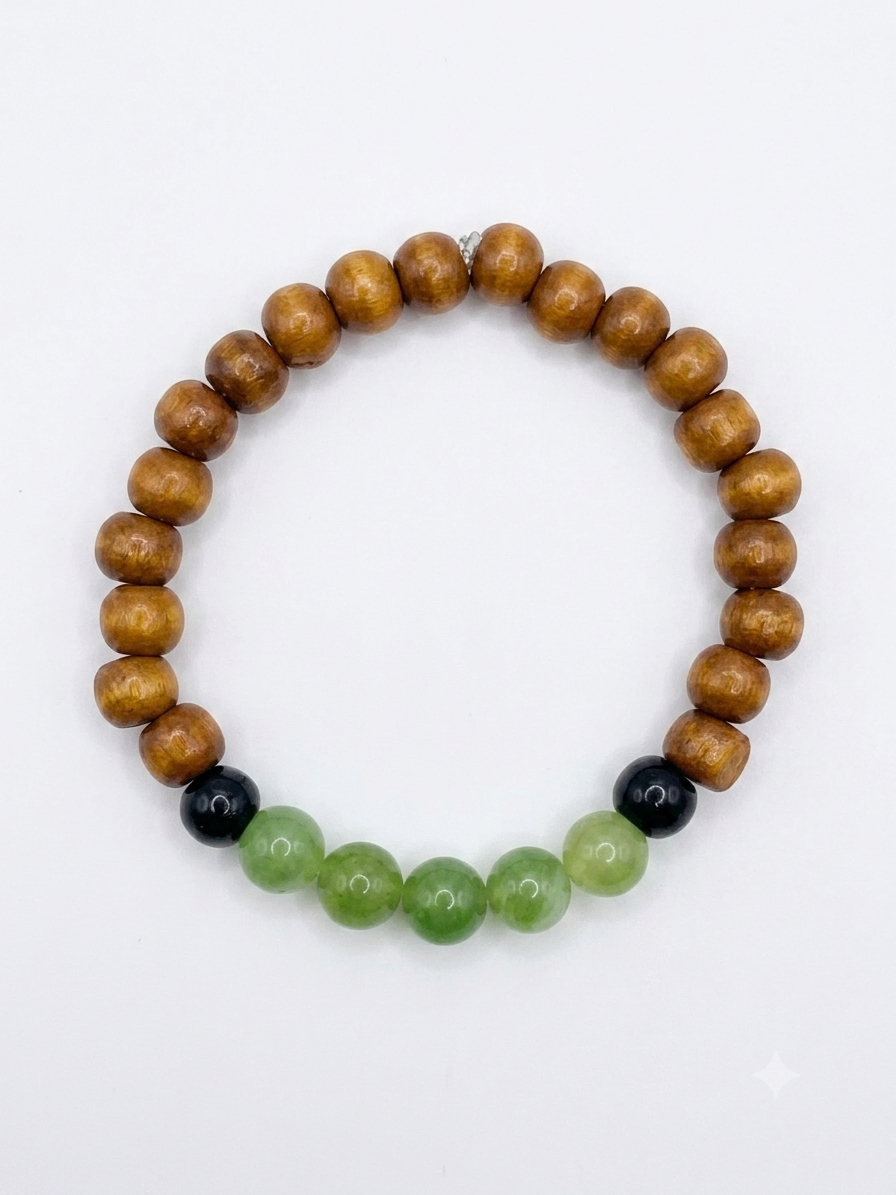 Warm Wood & Green Jade Bead Stretch Bracelet