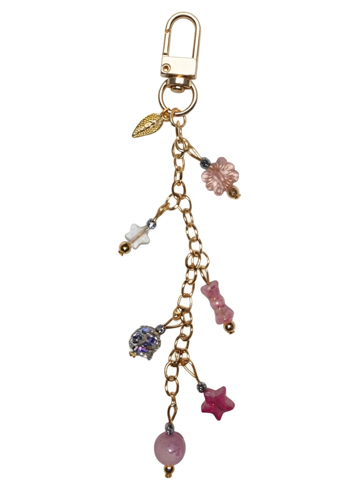 Handmade Pink & Gold Beaded Purse Charm with Leaf & Star Charms