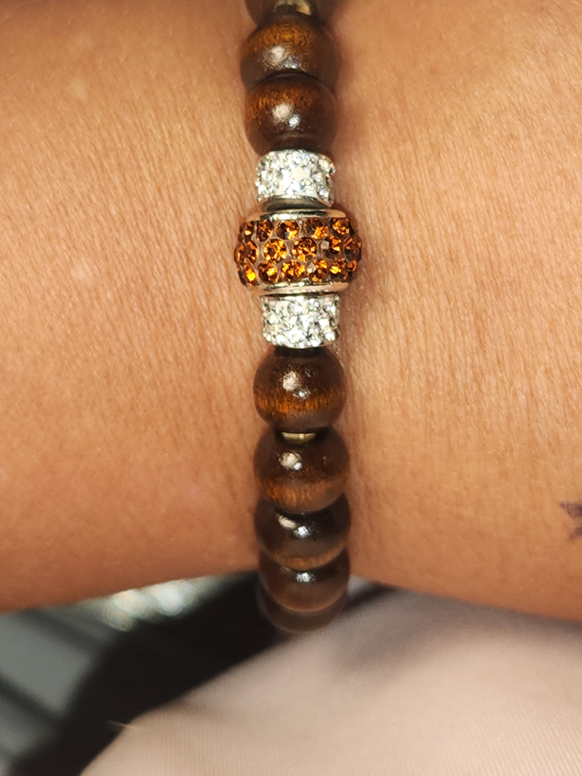 Handmade Dark Brown Wooden Bead Bracelet with Bronze Crystal Focal (5.9" Diameter)