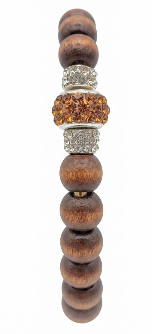 Handmade Dark Brown Wooden Bead Bracelet with Bronze Crystal Focal (5.9" Diameter)