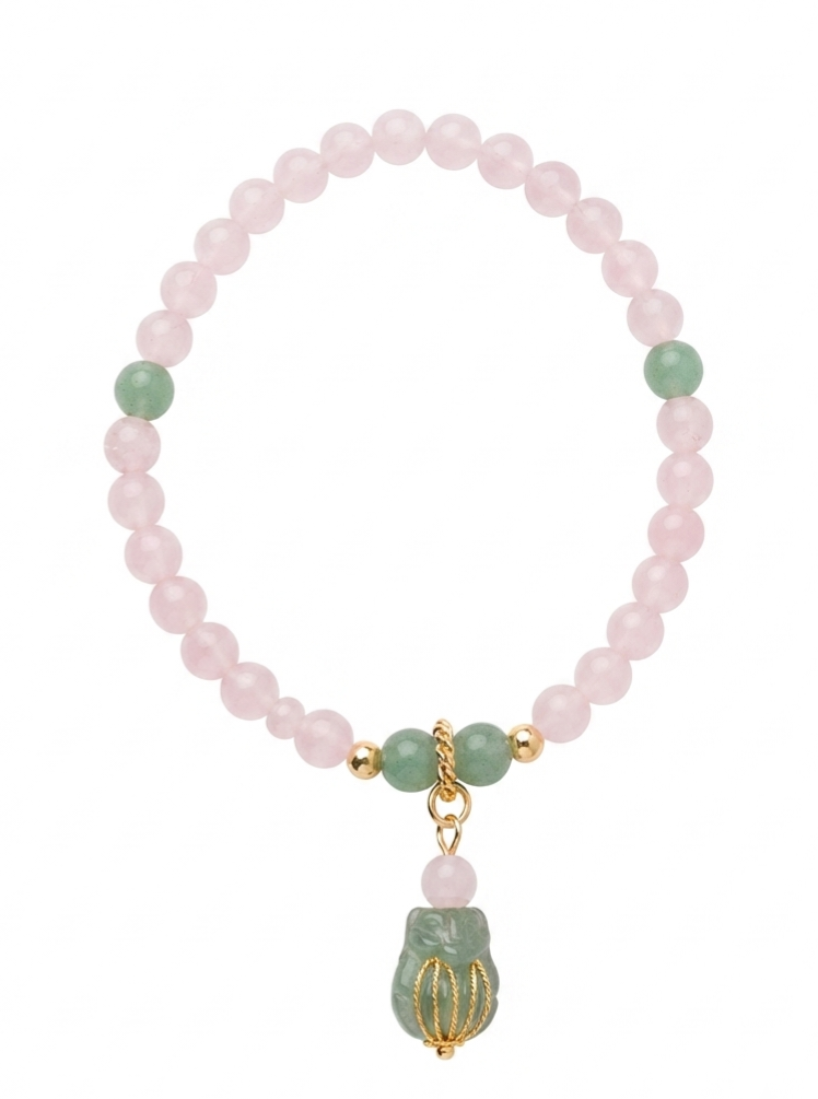 Handmade Rose Quartz & Green Agate Bead Bracelet with Jade Charm (6.6" Diameter)