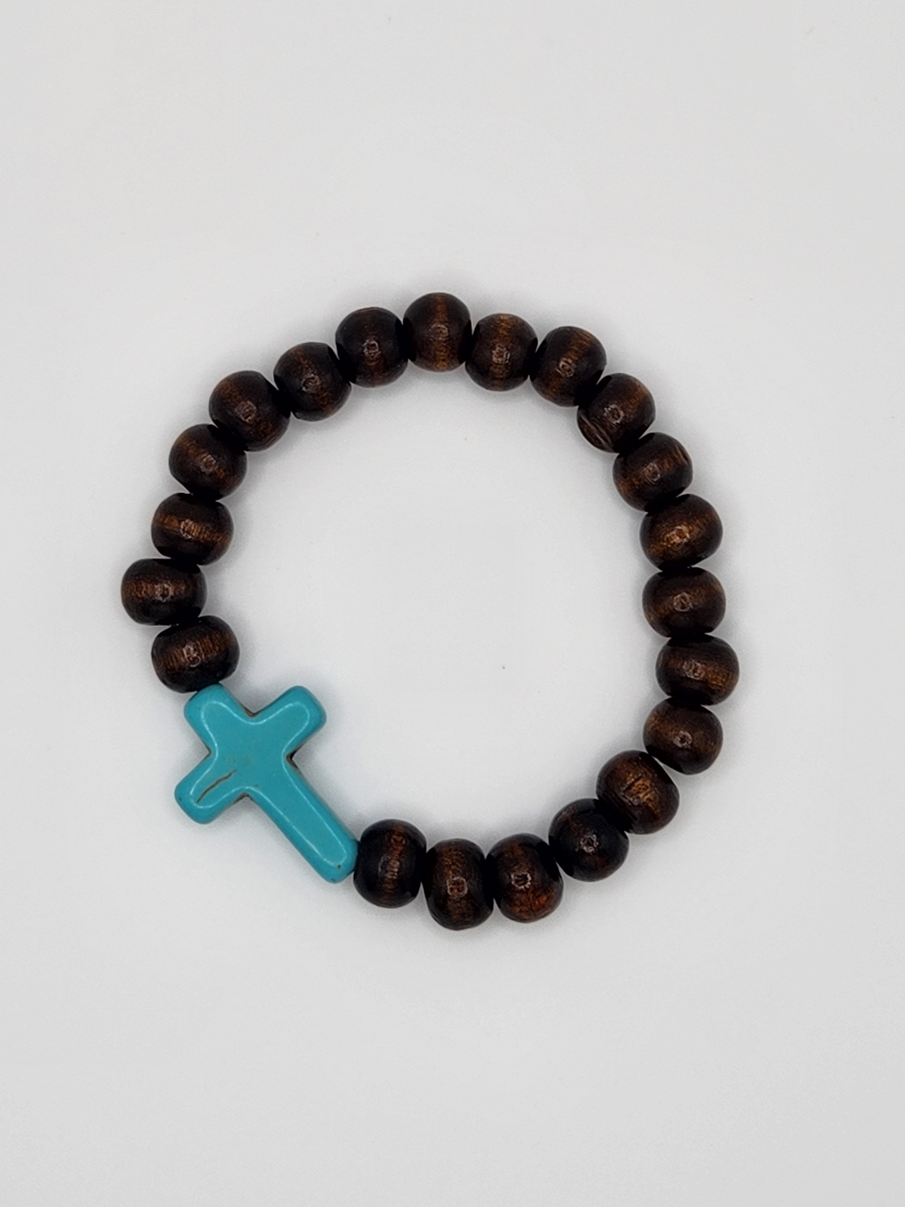 Earth & Sky Wooden Bead Turquoise Cross Bracelet