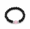 Handmade Black Wooden Bead Bracelet with Pink Crystal Focal (5.5" Diameter)