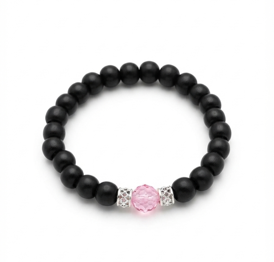 Handmade Black Wooden Bead Bracelet with Pink Crystal Focal (5.5" Diameter)