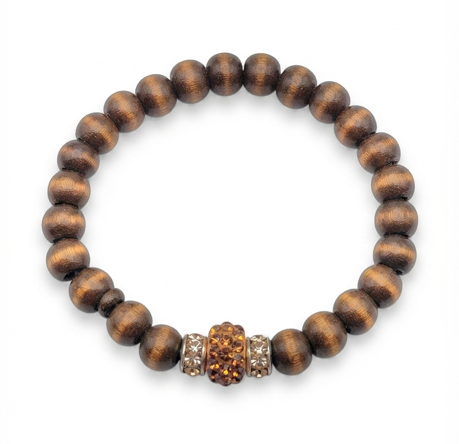 Handmade Dark Brown Wooden Bead Bracelet with Bronze Crystal Focal (5.9" Diameter)