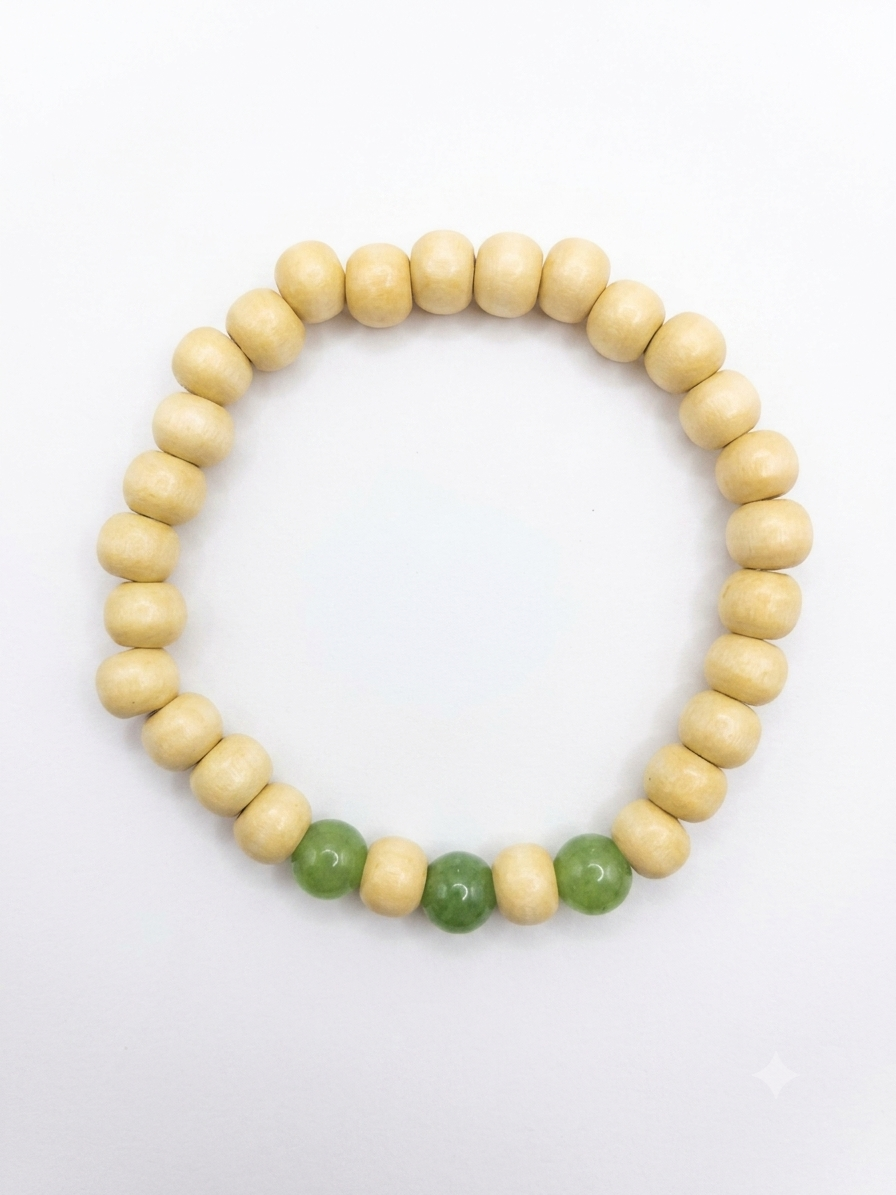 Light Wood & Jade Bead Stretch Bracelet