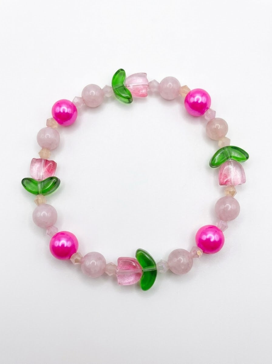 "Blooming Tulip" Natural Rose Quartz & Botanical Charm Bracelet | Olivia Sparkles