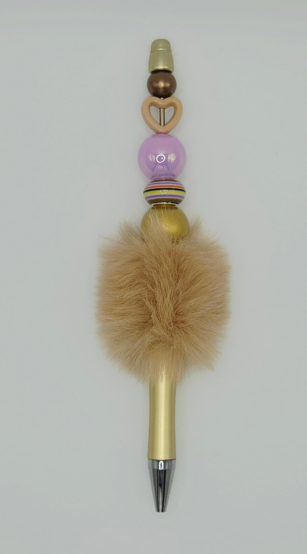 One-of-a-Kind Beige Fluffy Beaded Pen with Heart & Iridescent Accents – Olivia Sparkles Fall 2026 Collection